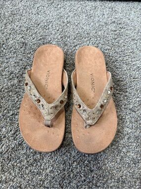 Vionic Taupe Suede Jeweled Thong Sandals